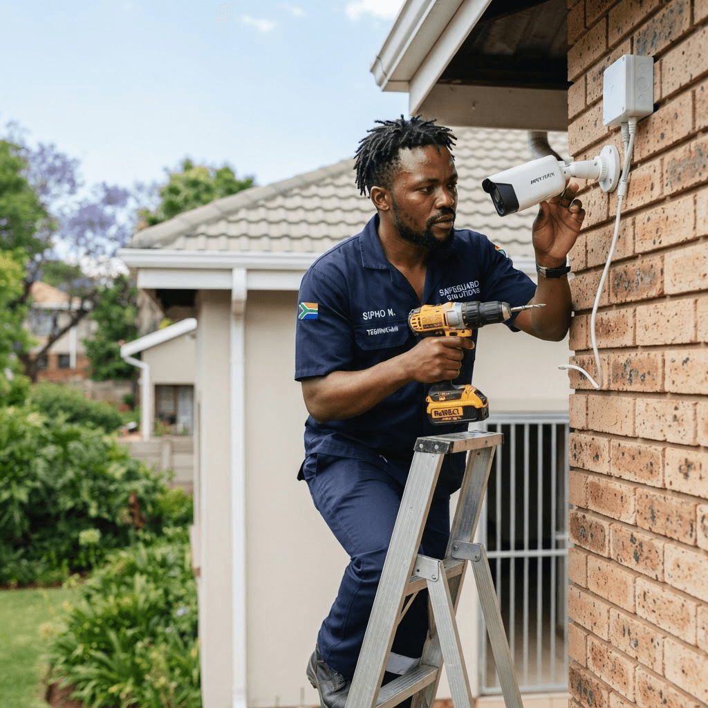 Blackout Busters technician installing a CCTV security camera in Gauteng