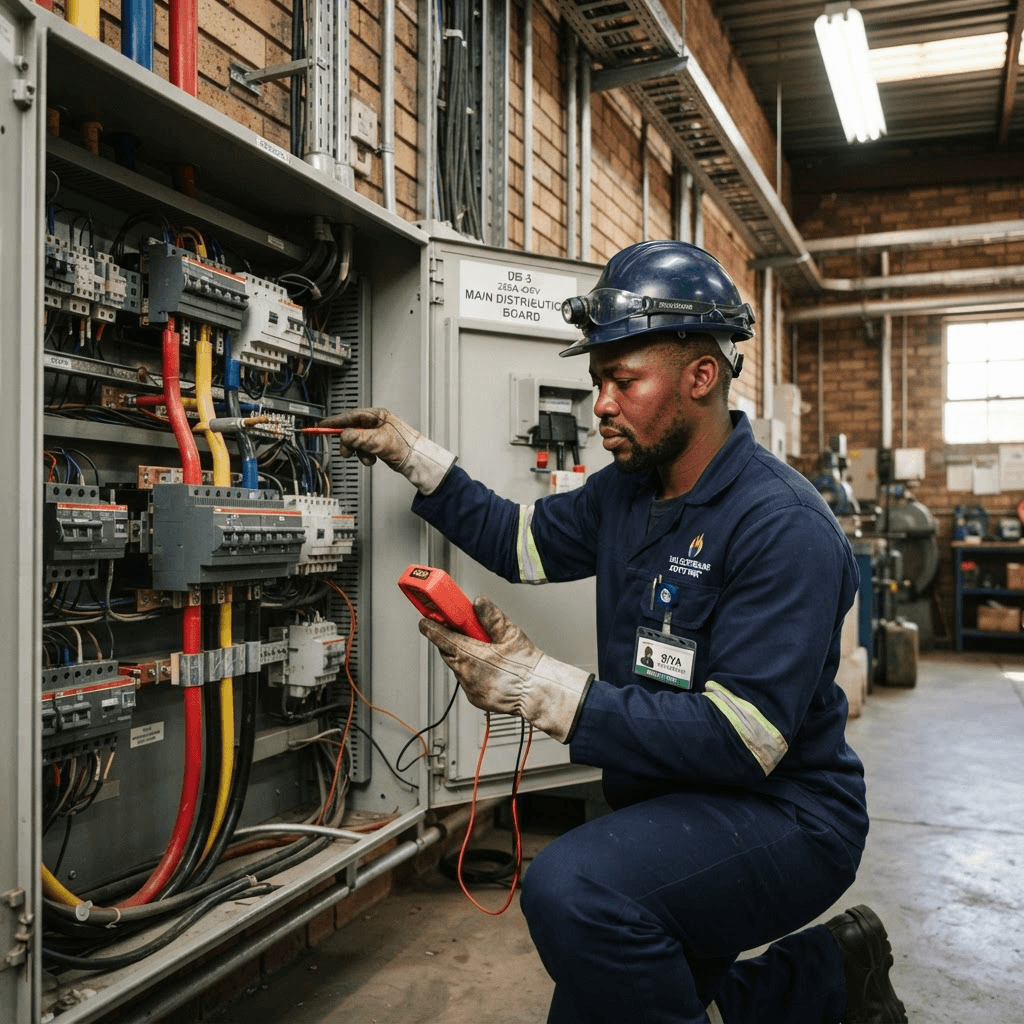 Blackout Busters electrician working on a commercial three phase installation in Gauteng