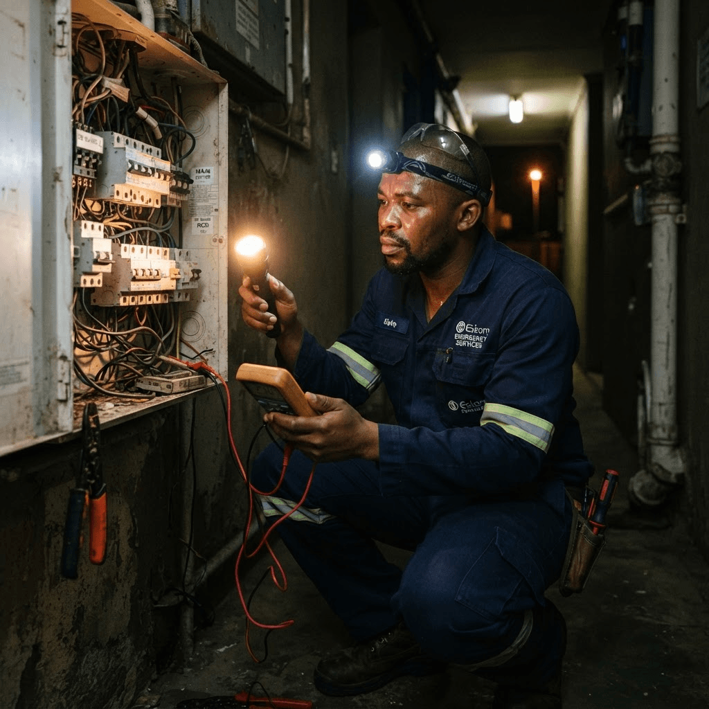 Blackout Busters emergency electrician responding to a fault at night in Gauteng