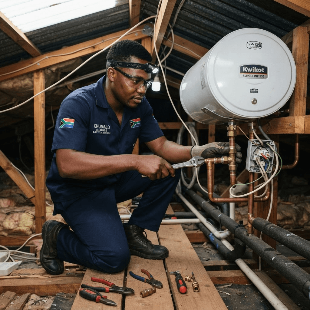 Blackout Busters technician installing and connecting a geyser in Gauteng