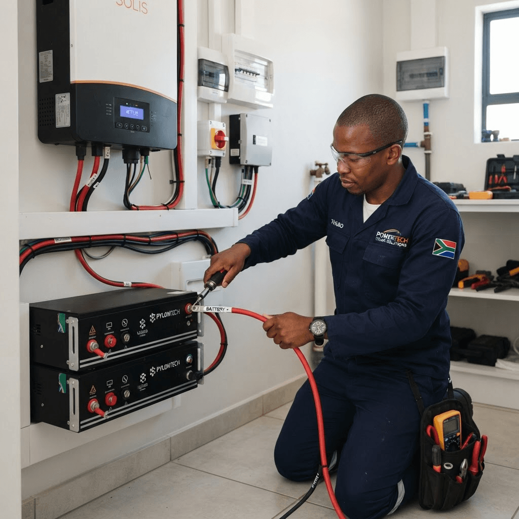 Blackout Busters technician installing an inverter and battery backup system in Gauteng