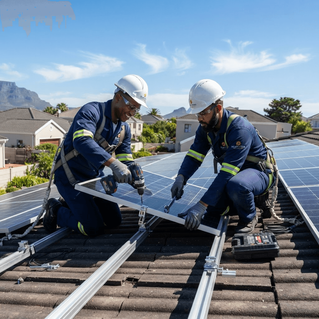 Blackout Busters technicians installing solar panels on a Gauteng roof